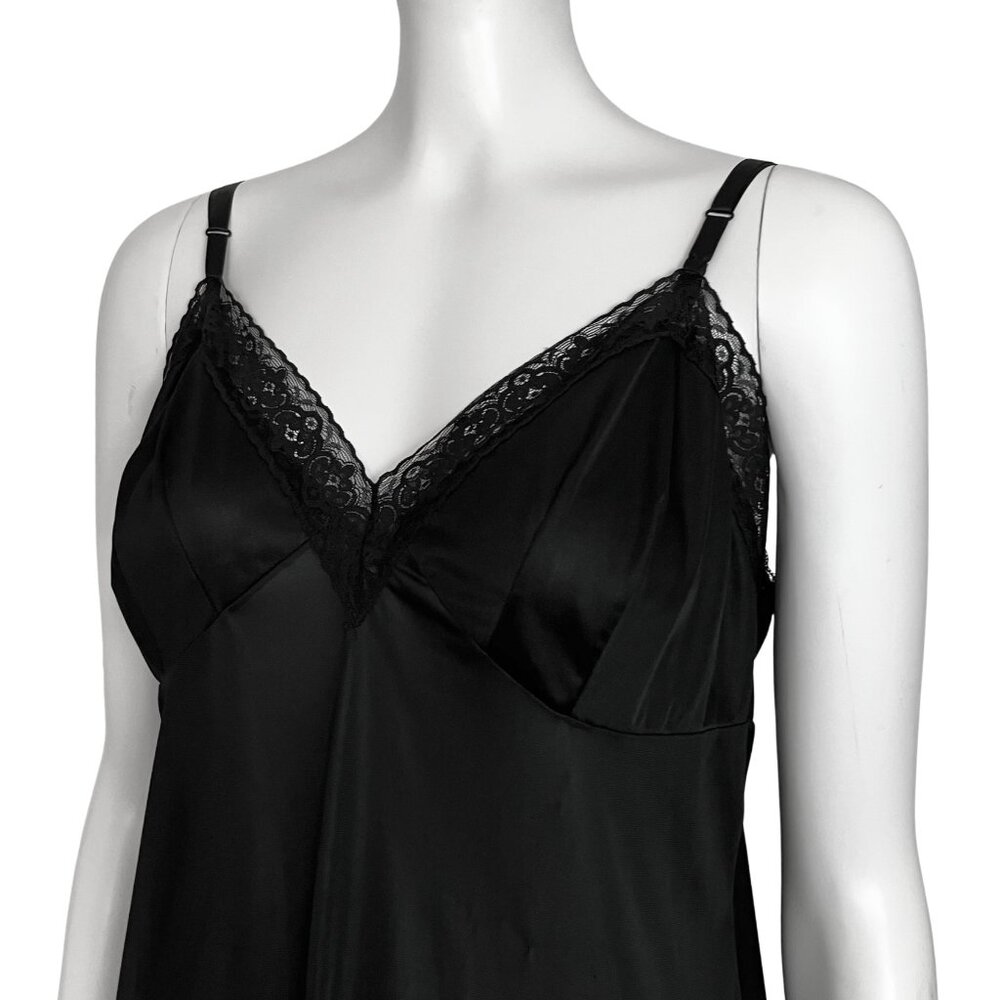 Vintage Black Satin Lingerie Slip Dress Lace Trim Chemise. M/L 22. Boho Coquette - Picture 9 of 12